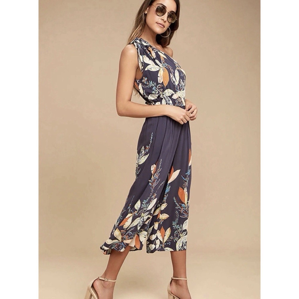 FREE PEOPLE Island Time One Shoulder Cropped Jumpsuit Sz S Blue Floral Wide Leg - Picture 2 of 10